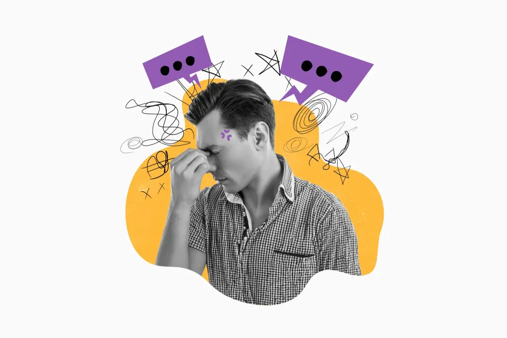 Jeune homme en surcharge mentale, entouré de pensées confuses illustrant la dépression, la pression et le strewebp